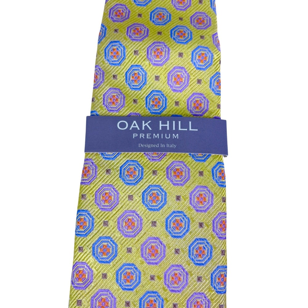 NWT Oak Hill Premium Silk Necktie Yellow Geometric Medallion Italy Business